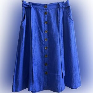 Christian Siriano • 100% Linen Skirt • Cobalt Blue • Tortoise print buttons